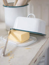 White Enamel Butter Dish - Green Rim