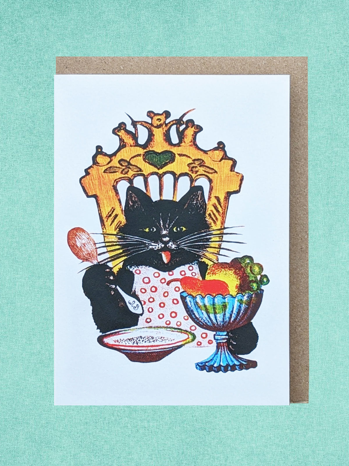 Kapelki Art Greeting Card - Black Cat Breakfast