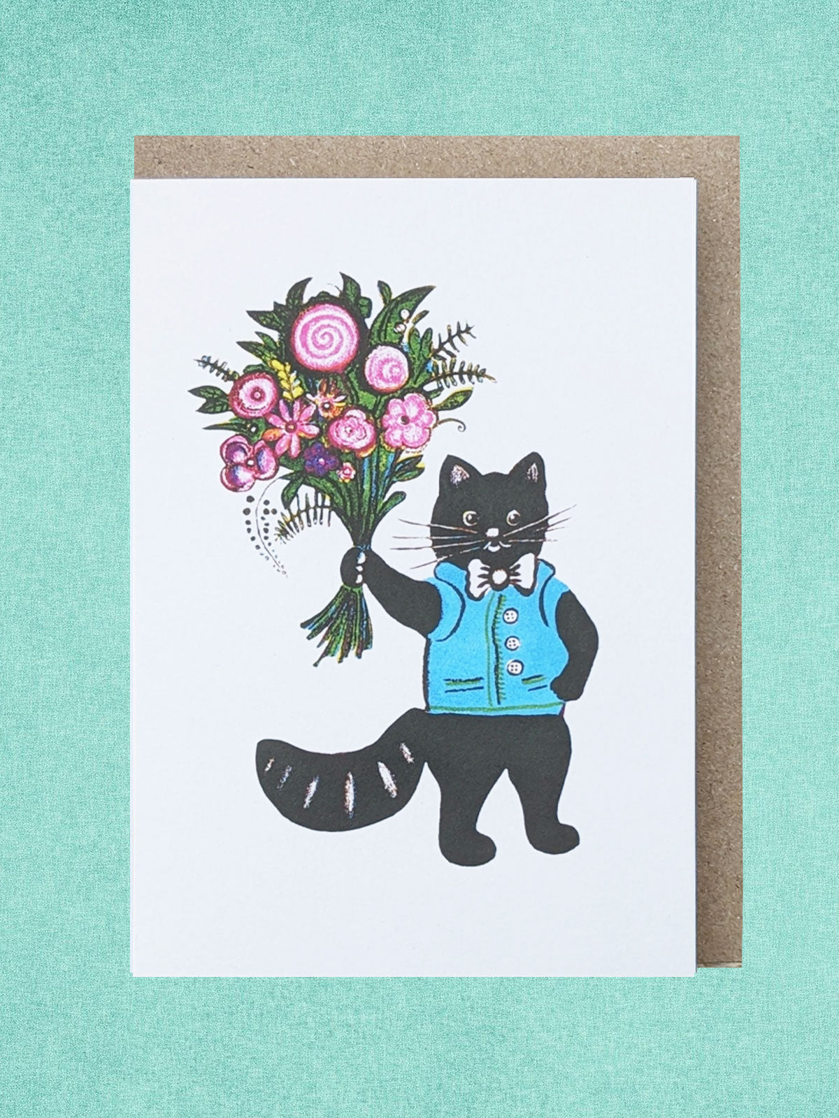 Kapelki Art Greeting Card - Black Cat with Flowers