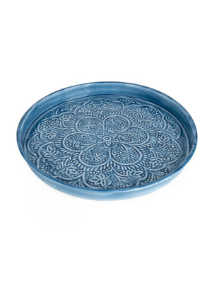 Round Metal Textured Enamel Tray - Blue