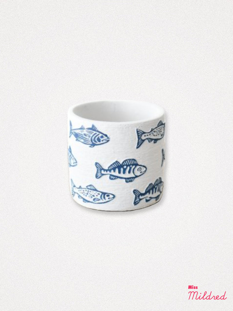 Blue and White Fish Ceramic Plant Pot - 14cm