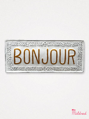 Bonjour - White Hanging Metal Sign - 38cm