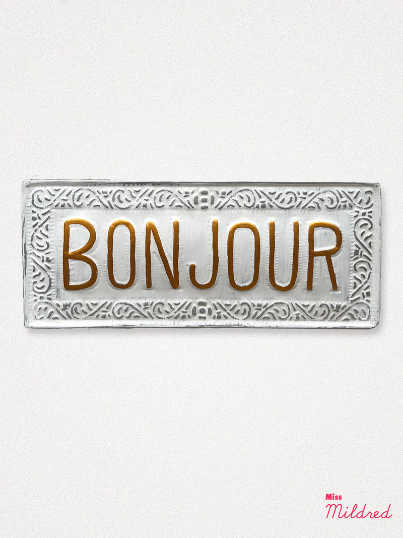 Bonjour - White Hanging Metal Sign - 38cm