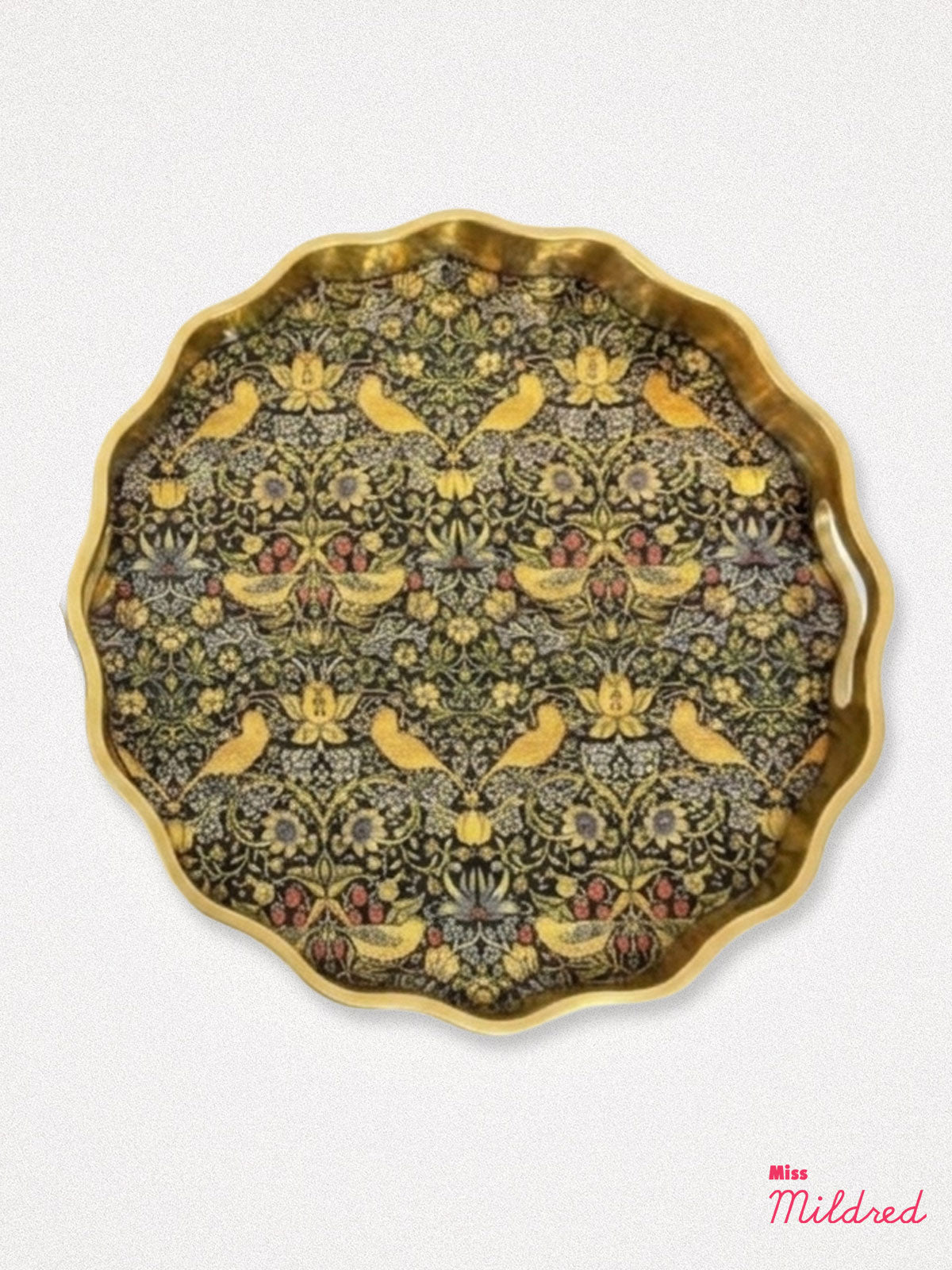 Wavy Gold Edge 'Strawberry Thief' Round Serving Tray - Large