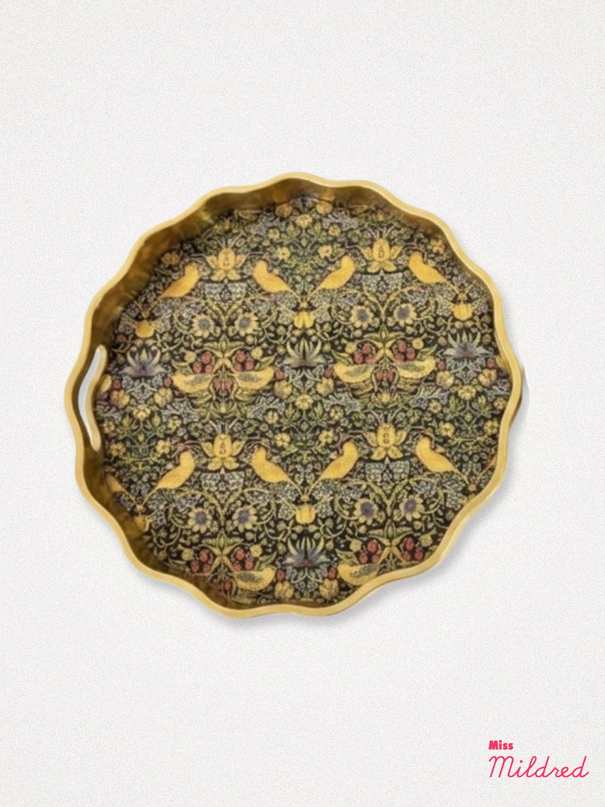 Wavy Gold Edge 'Strawberry Thief' Round Serving Tray - Medium