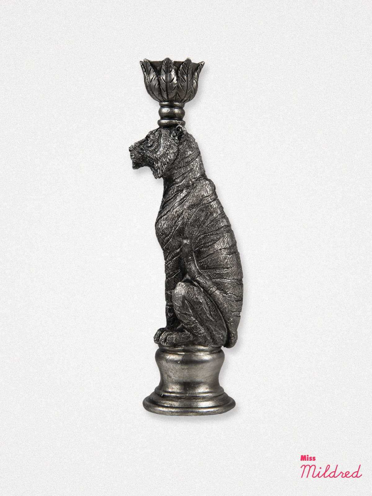 Tiger Candlestick Holder - Antique Silver Colour