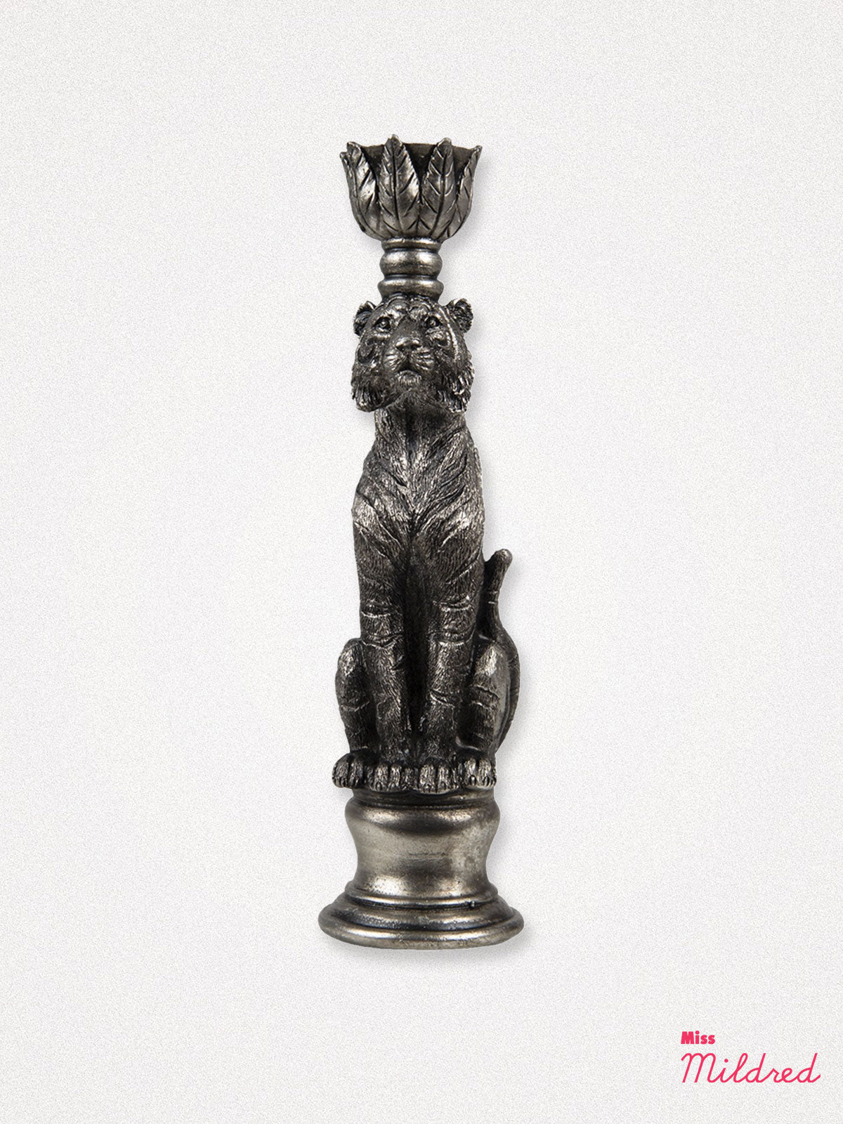 Tiger Candlestick Holder - Antique Silver Colour