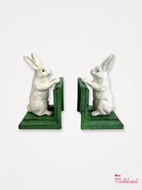 Rabbit Shaped Cast Iron Book Ends - White & Green