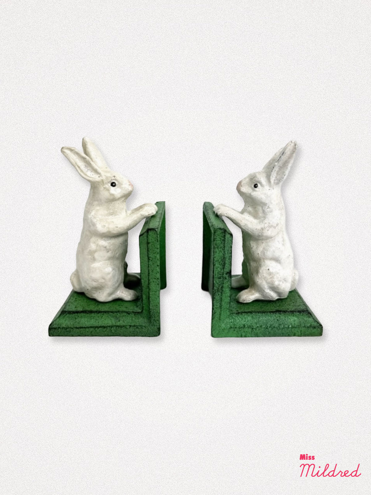 Rabbit Shaped Cast Iron Book Ends - White & Green
