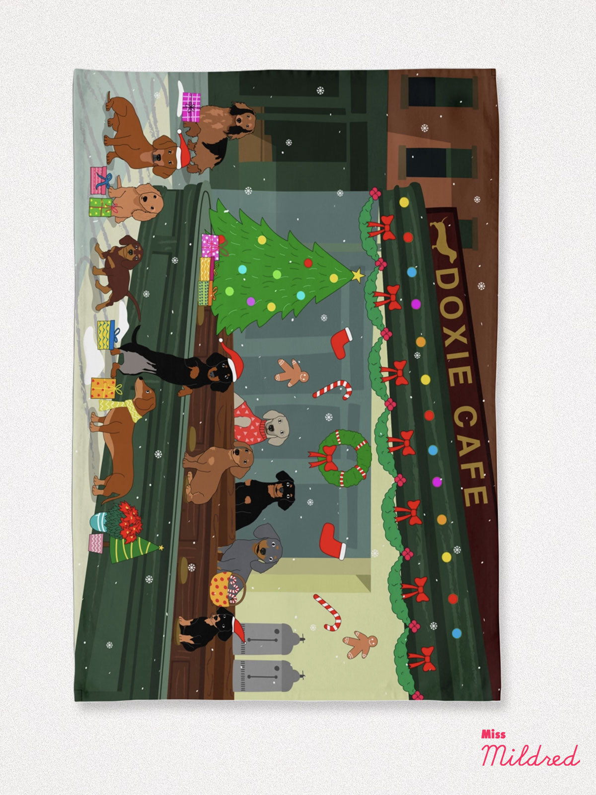 Christmas at the Cafe Dachshund Dogs - Cotton Tea Towel