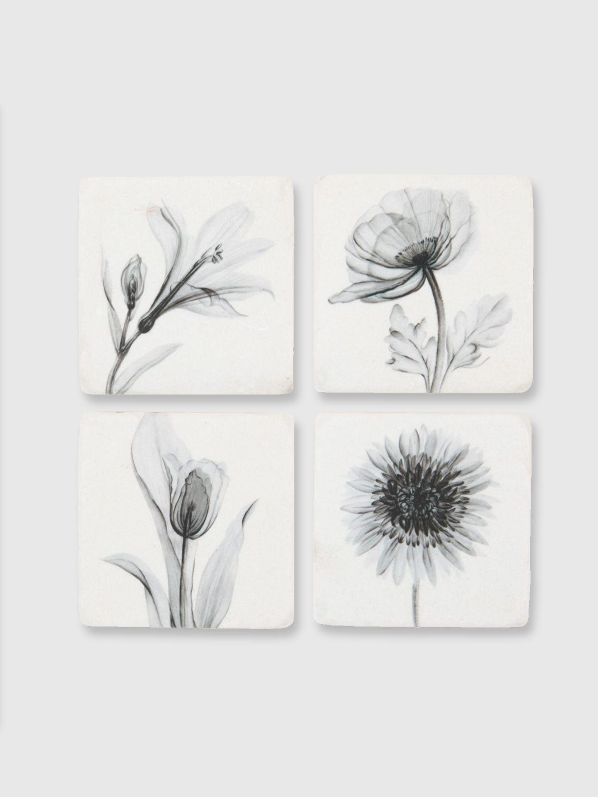 Grey Silk Flower Tile Coasters - Set of 4