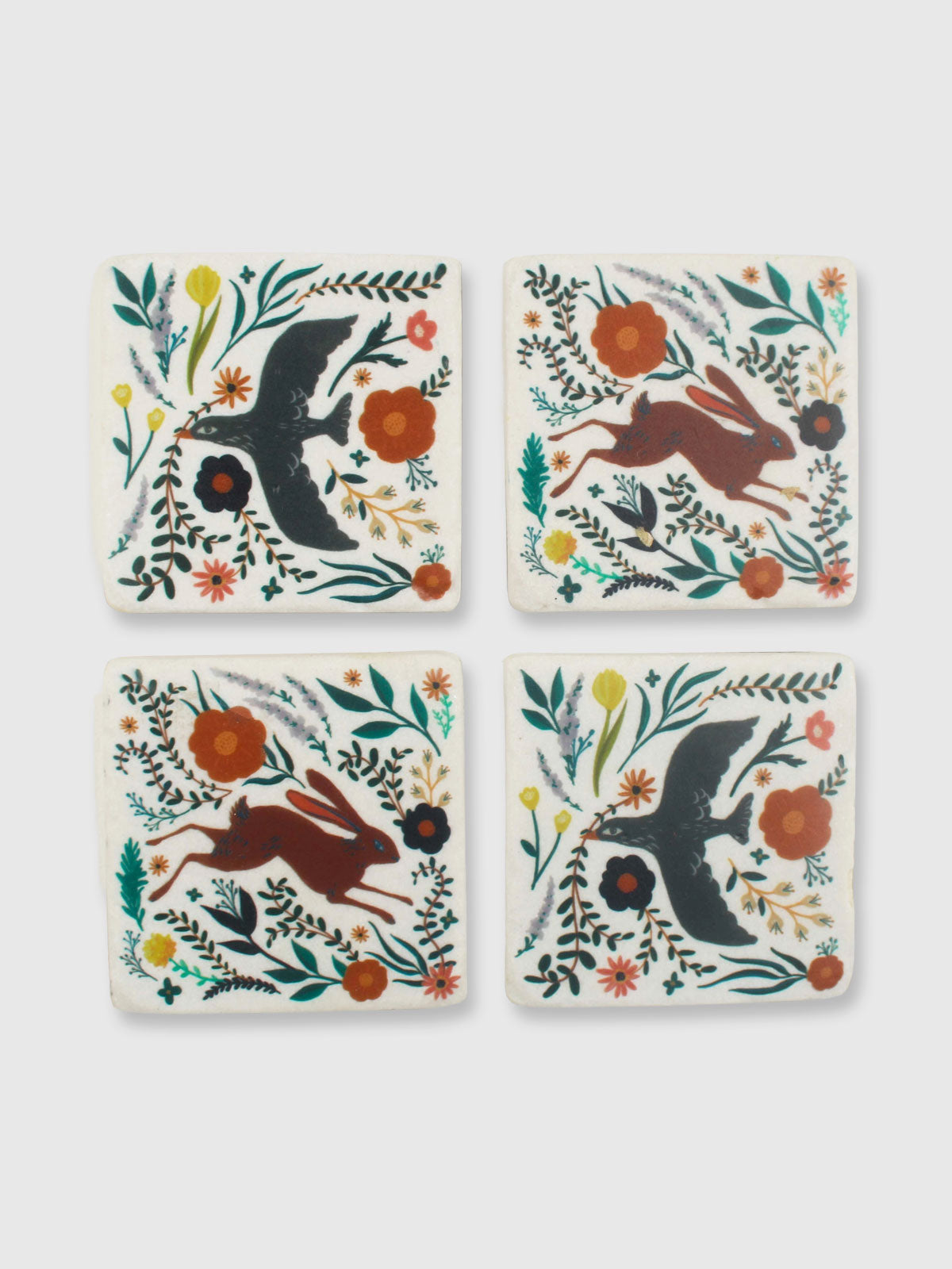 Hare & Bird Tile Coasters - Set of 4