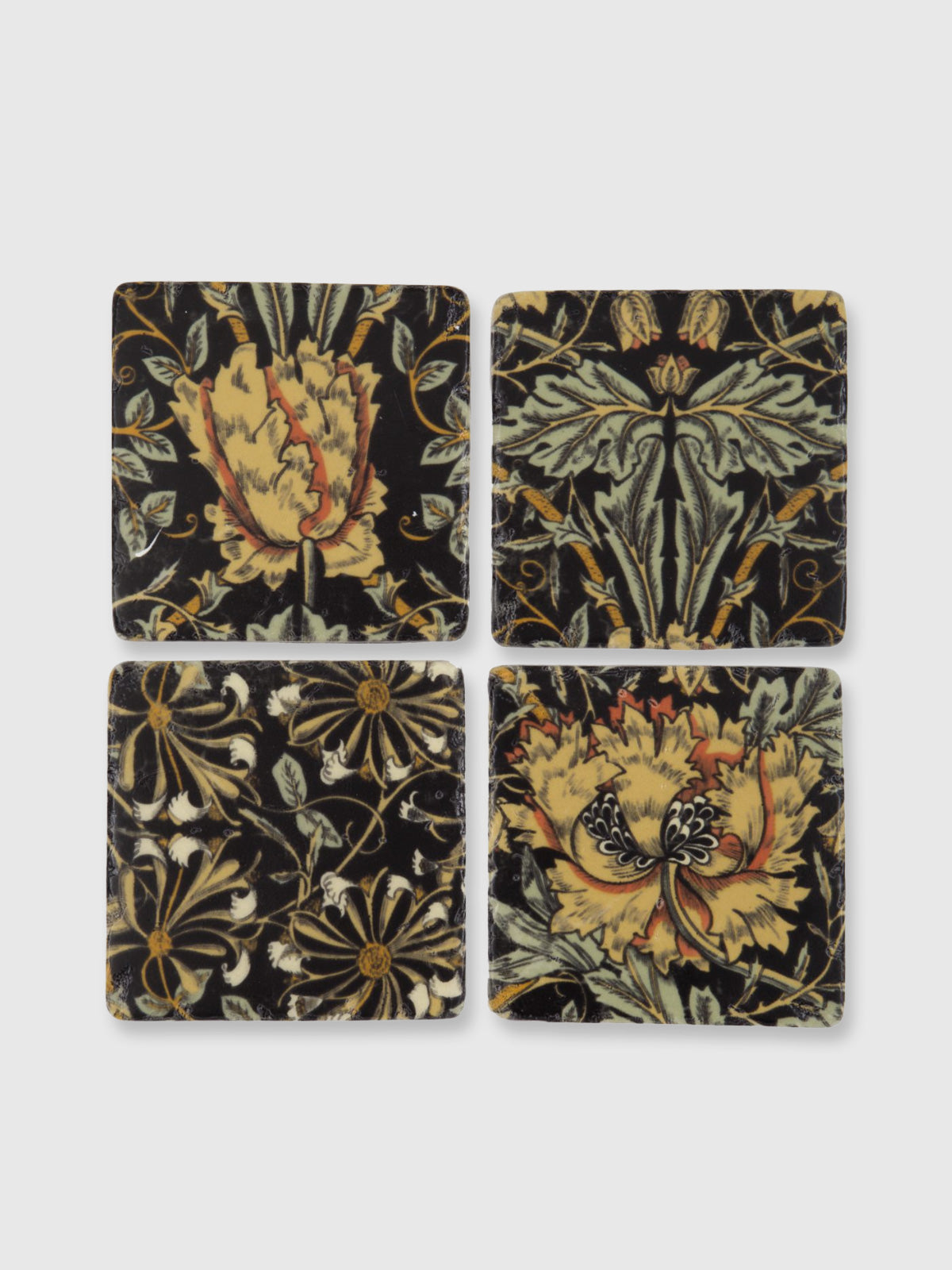 Black Floral Print Tile Coasters - Set of 4