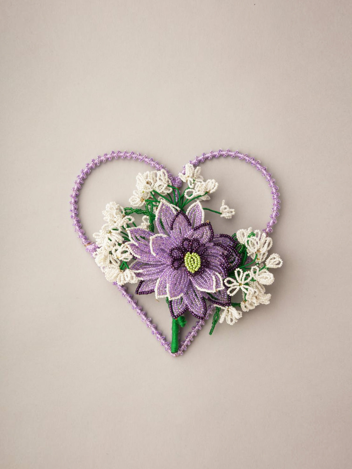 Delicate Handmade Purple Beaded Wall Hanging Heart - 18cm