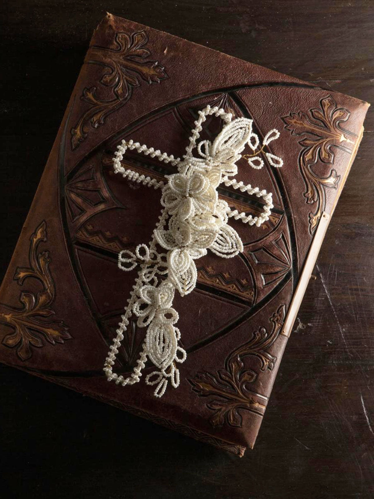 Delicate Handmade White Beaded Wall Hanging Cross - 23cm
