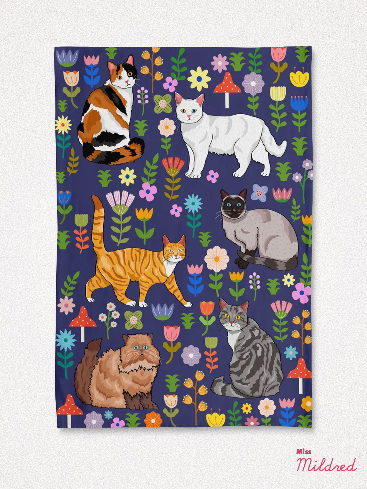 Kitty Cat & Flowers - Cotton Tea Towel