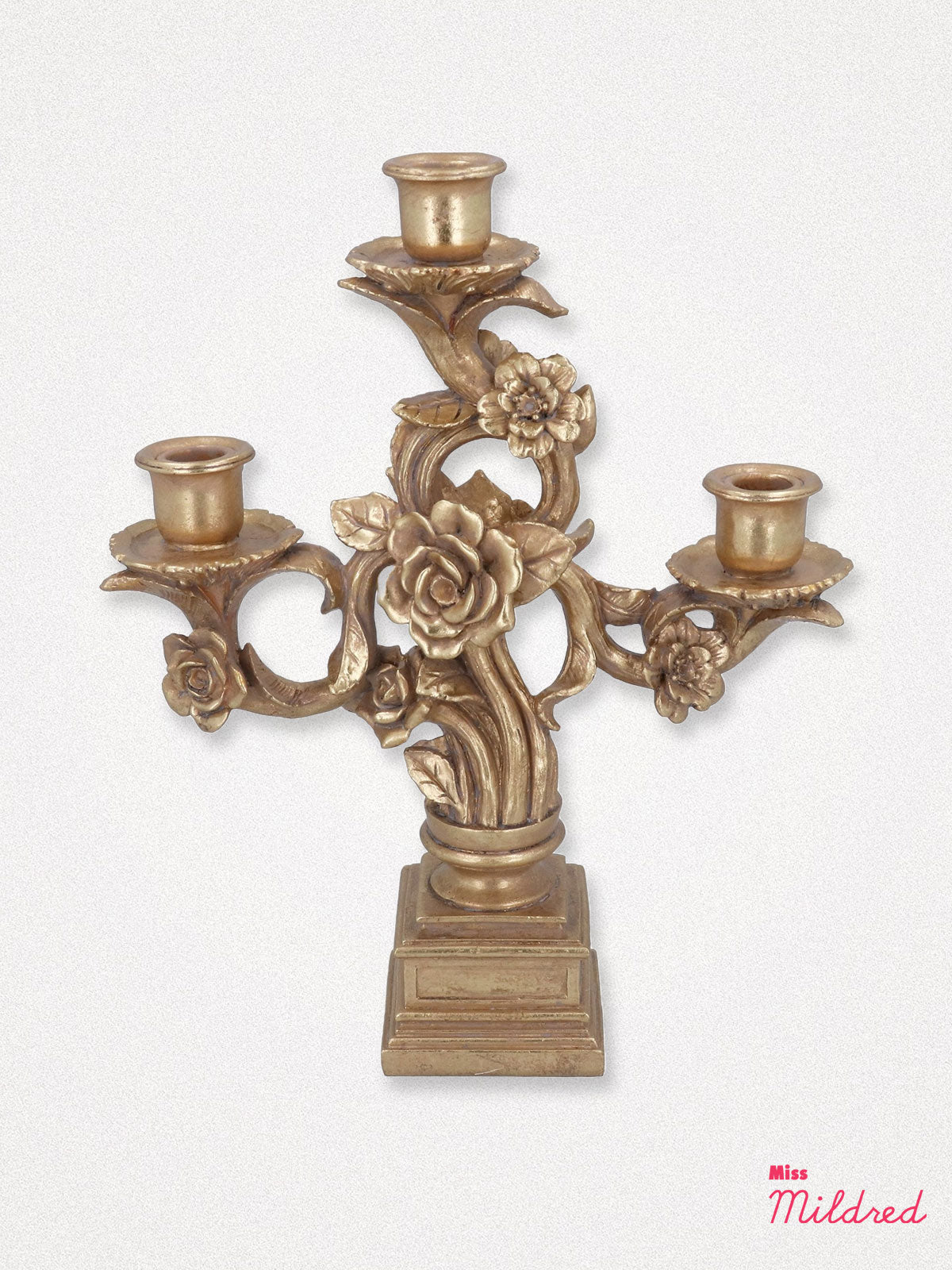 Gold Ornate Roses on Vine Three Arm Candelabra