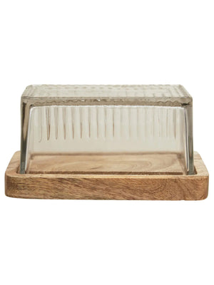 Beurre Ribbed Glass and Wooden Butter Dish