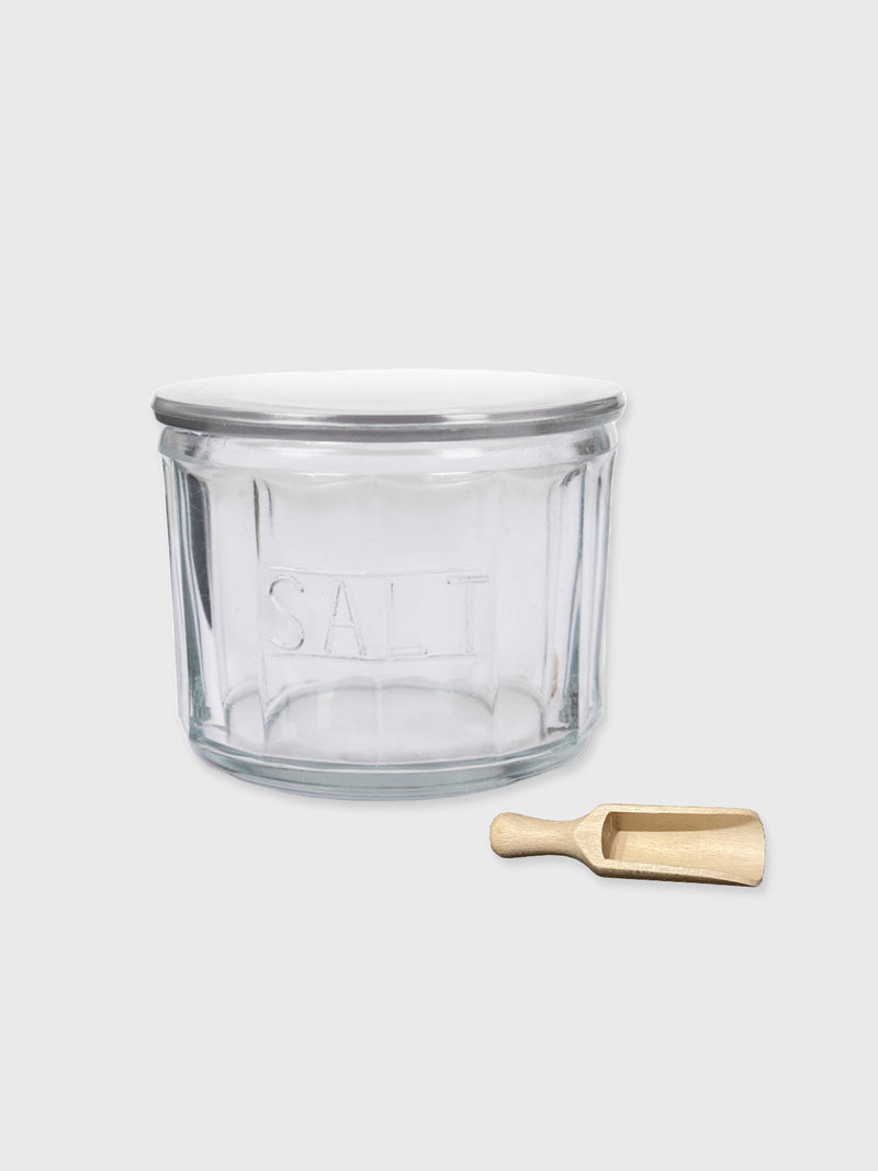Glass Salt Jar and Wooden Salt Scoop
