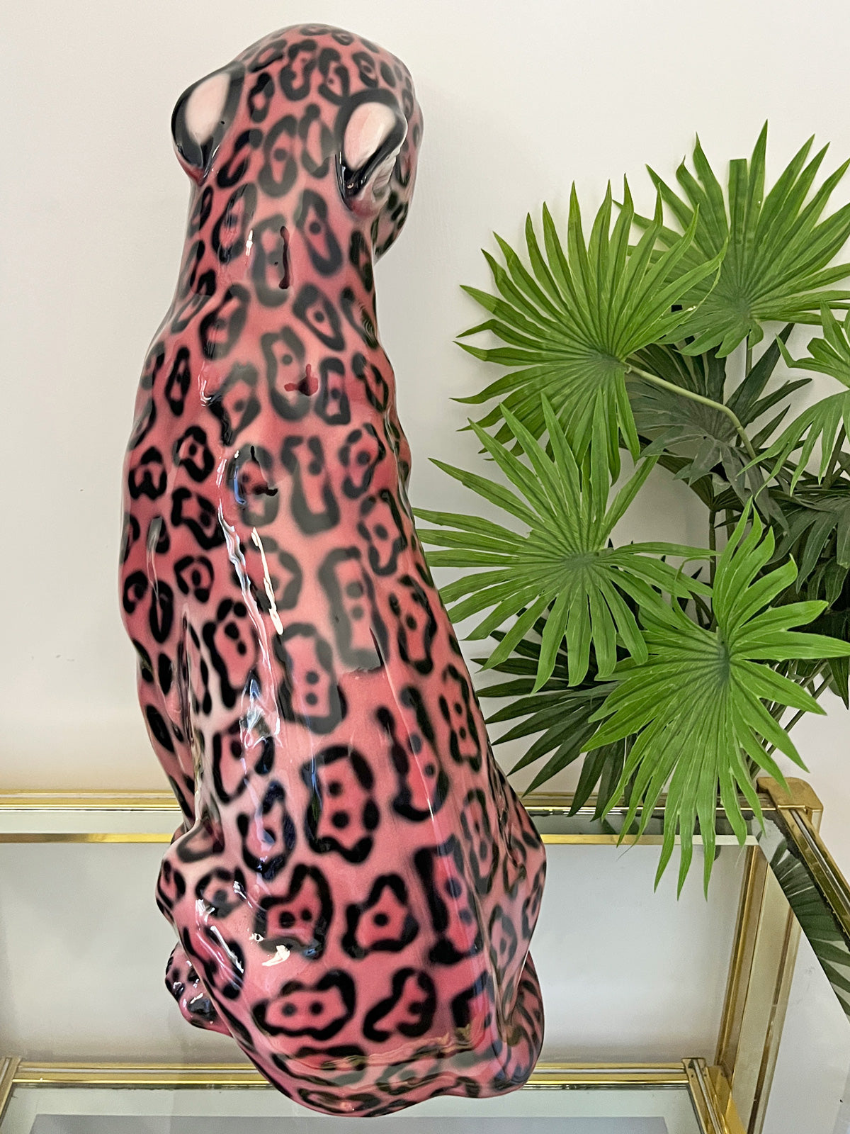 Large Italian Porcelain Pink Jaguar Statue Figure