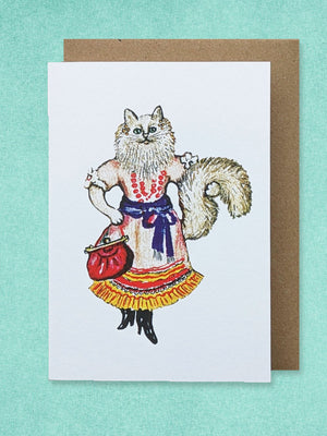 Kapelki Art Greeting Card - White Cat with Handbag