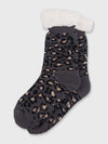 Ladies Long Slipper Sock - Grey Leopard