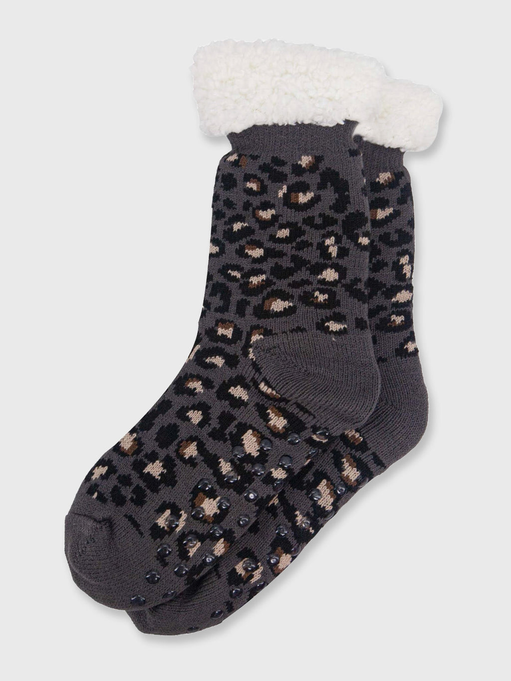 Ladies Long Slipper Sock - Grey Leopard