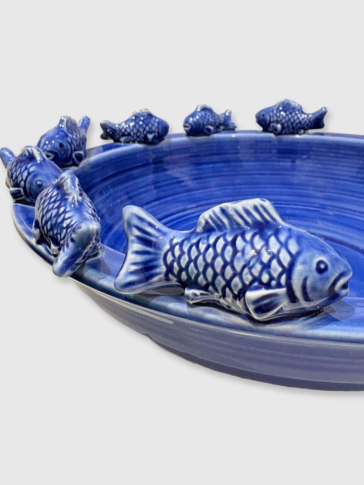 Large Bowl with Swimming Fish - Blue Ceramic