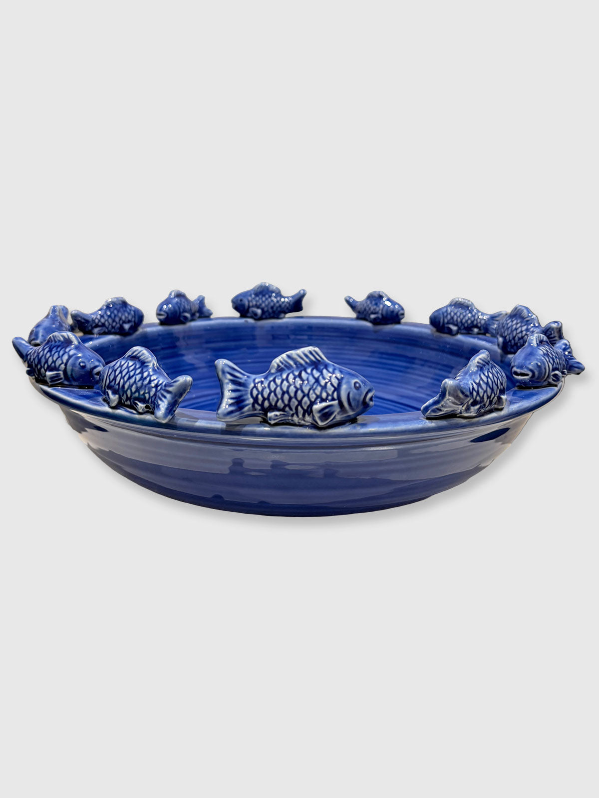Large Bowl with Swimming Fish - Blue Ceramic
