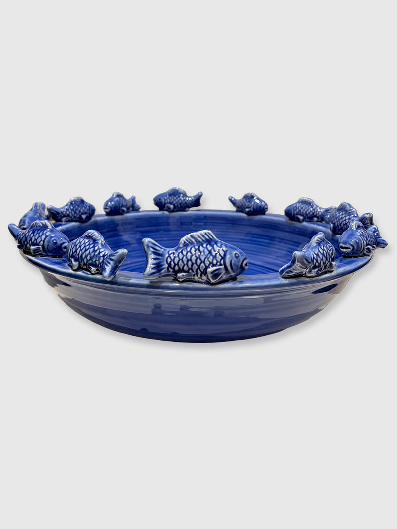 Large Bowl with Swimming Fish - Blue Ceramic