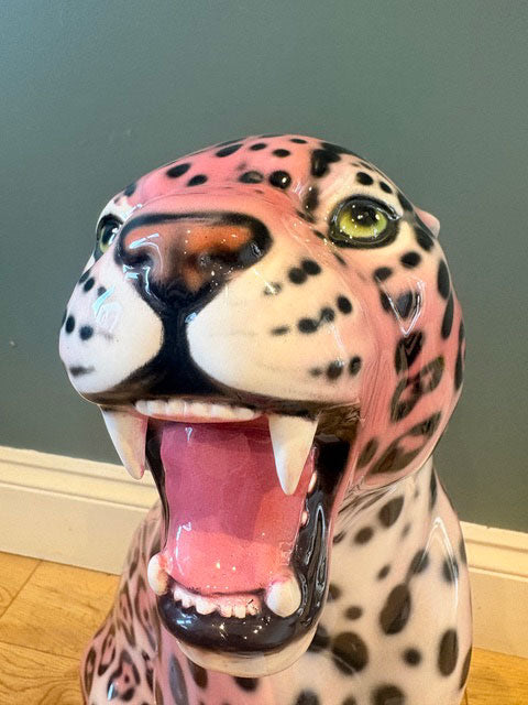 Large Italian Porcelain Pink Jaguar Statue Figure - BLEMISH
