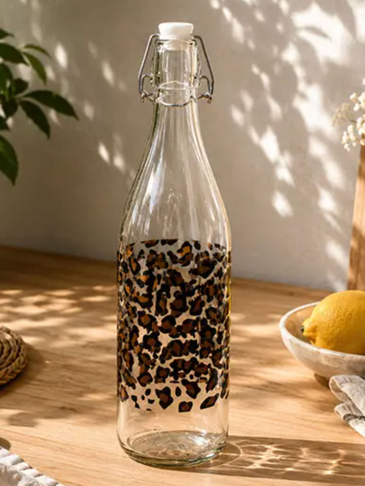 Leopard Print Glass Carafe Water Bottle - 1 Litre