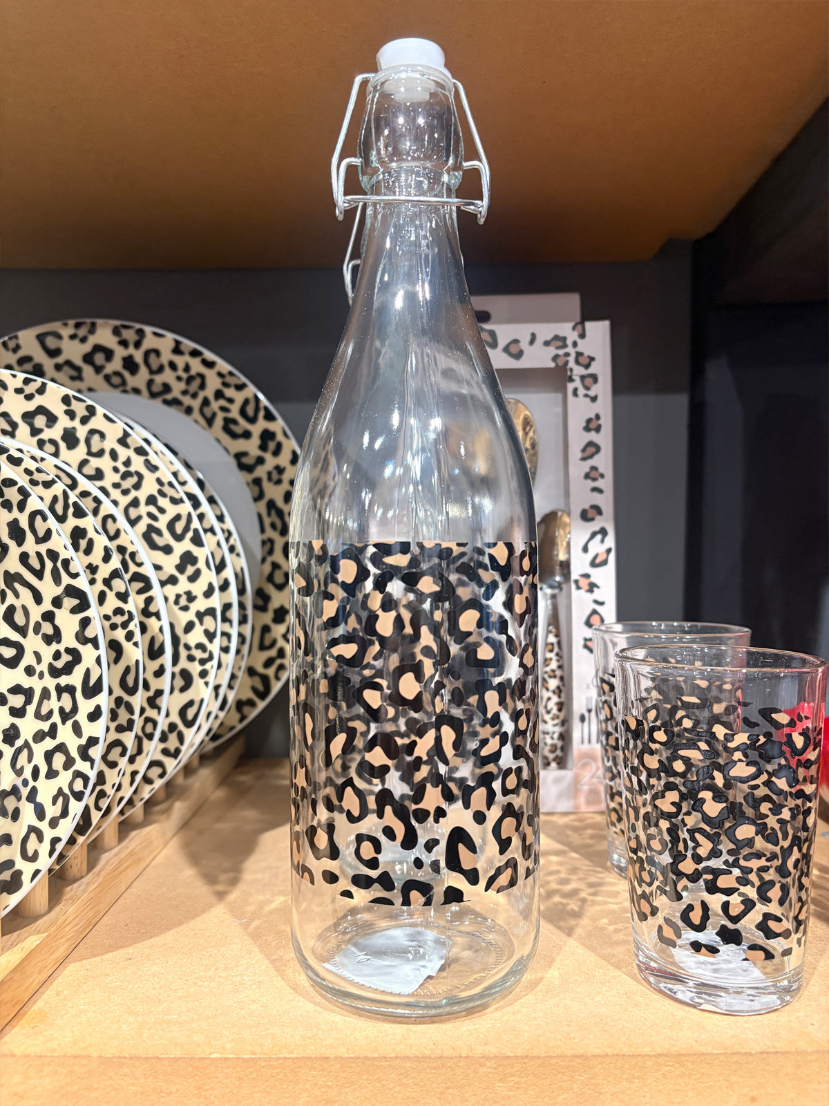 Leopard Print Glass Carafe Water Bottle - 1 Litre