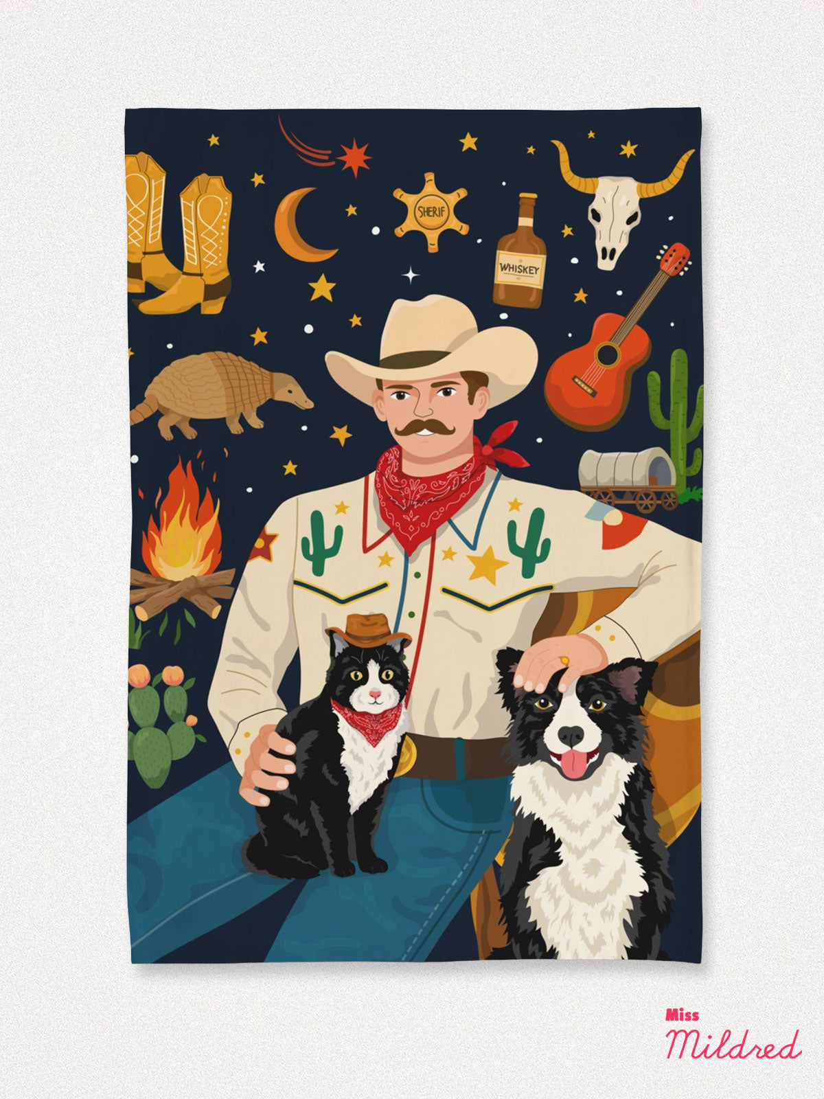 Lone Star Cowboy with Dog & Cat - Cotton Tea Towel