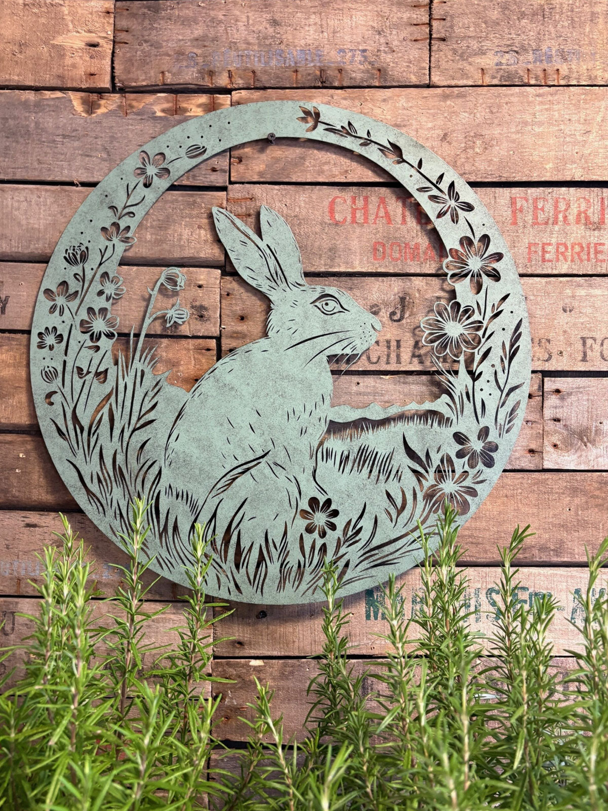 Metal Rabbit / Hare Round Garden Wall Plaque