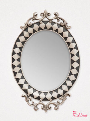 Alice Oval Mirror - Black and White Harlequin Check - 44cm