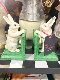 Rabbit Shaped Cast Iron Book Ends - White & Green