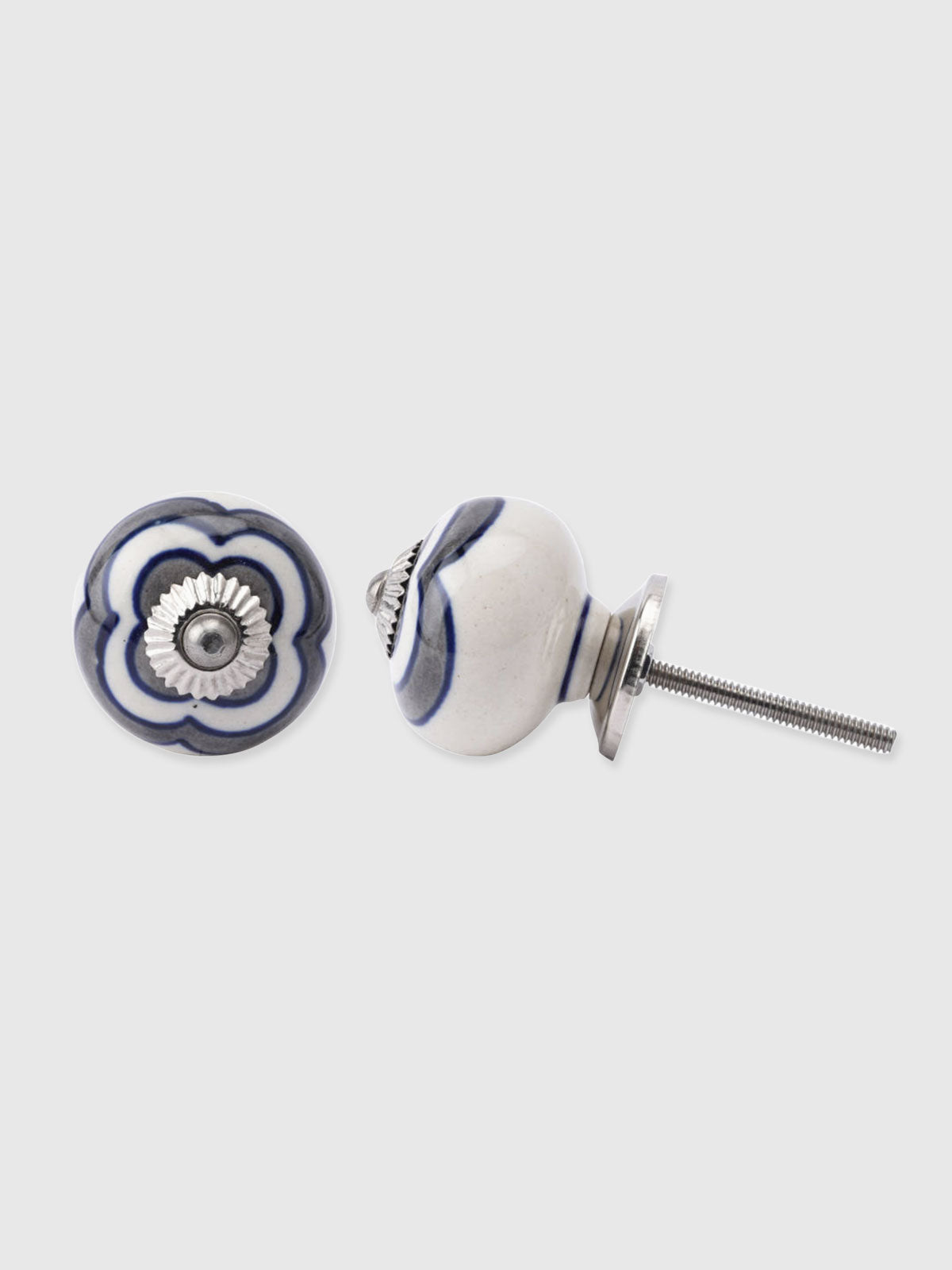 Round Flower Design Ceramic Drawer Knob - Grey and Blue