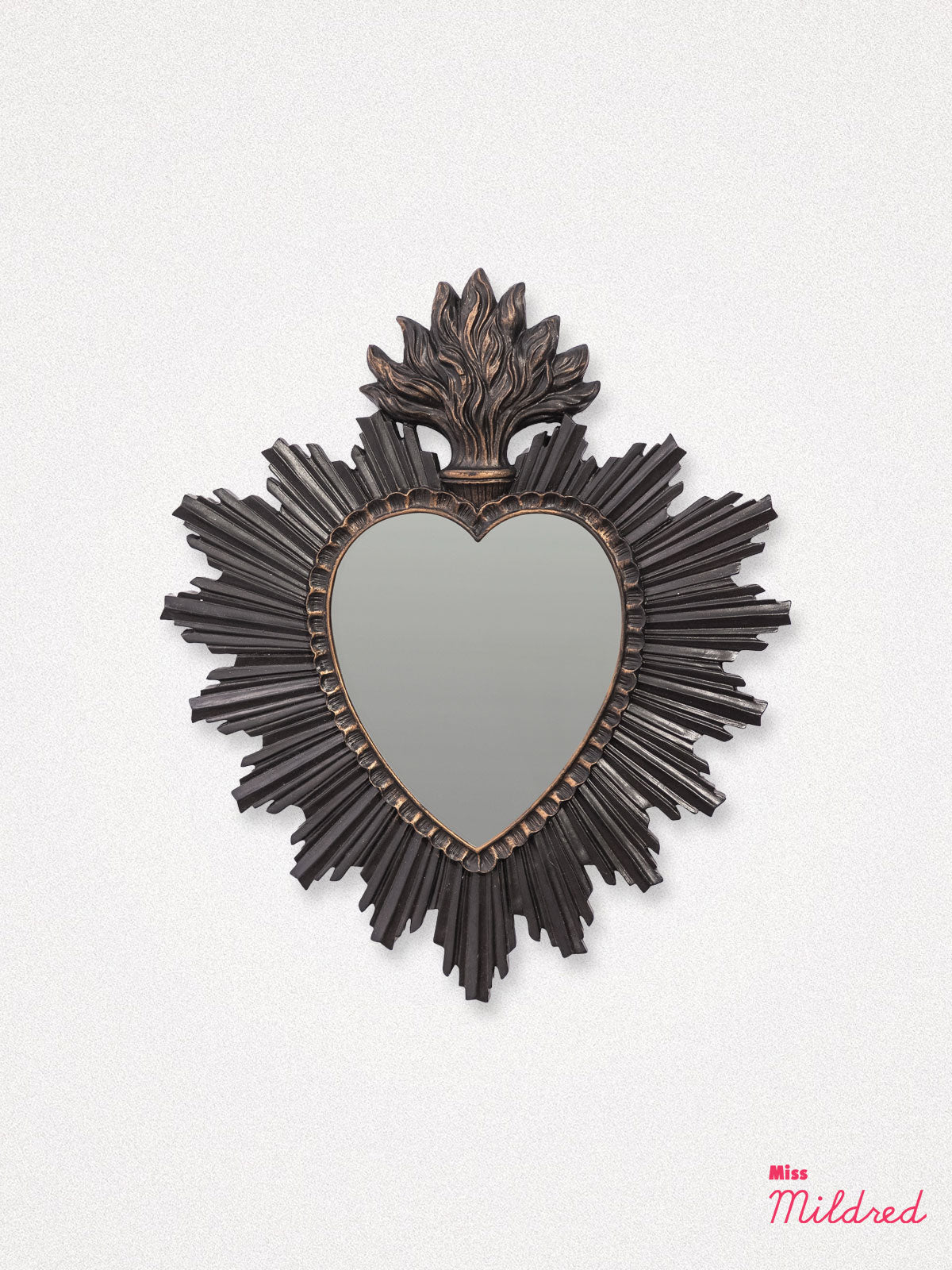 Small Mirror Ex Voto Sacred Heart with Flames - Dark Patina