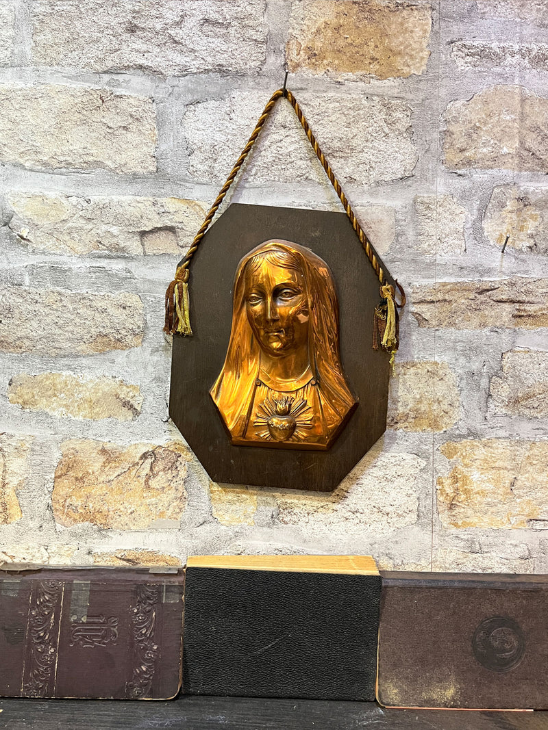 Vintage Religious Mary Plaque Wood and Metal