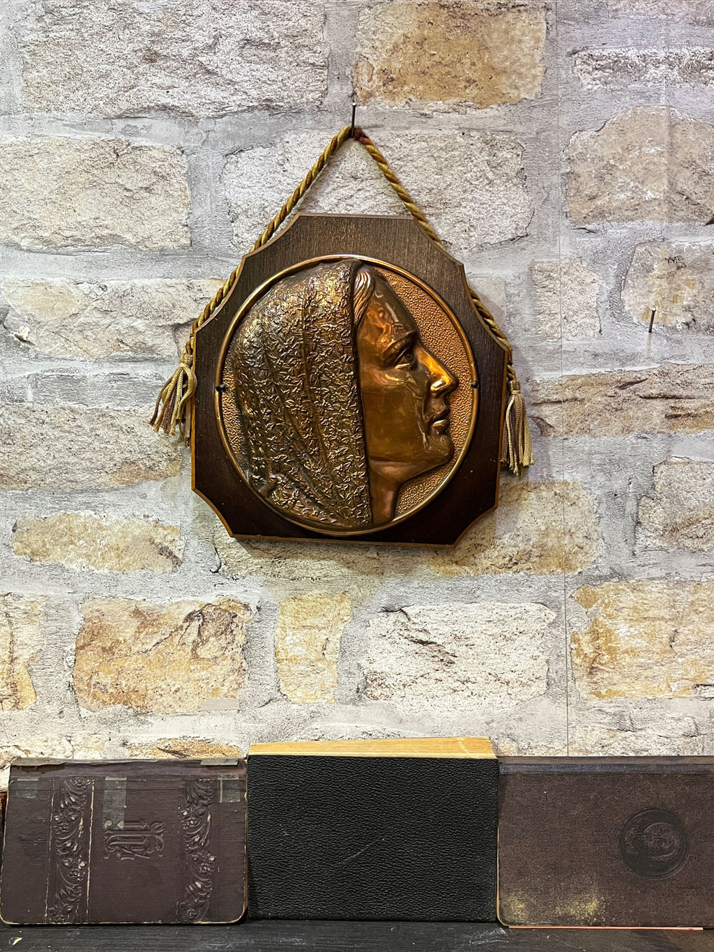 Vintage Religious Profile of Mary Plaque Wood and Metal