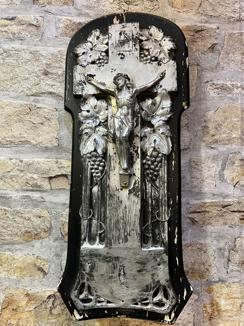 Vintage Religious Wood and Tin Plaque Crucifixion