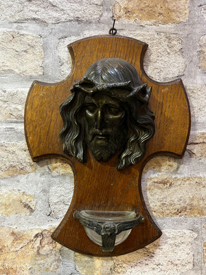 Vintage Religious Wooden Jesus Plaque and Font