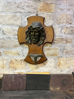 Vintage Religious Wooden Jesus Plaque and Font