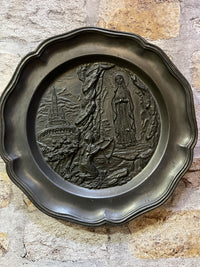Vintage Religious Pewter Round Plaque Lourdes