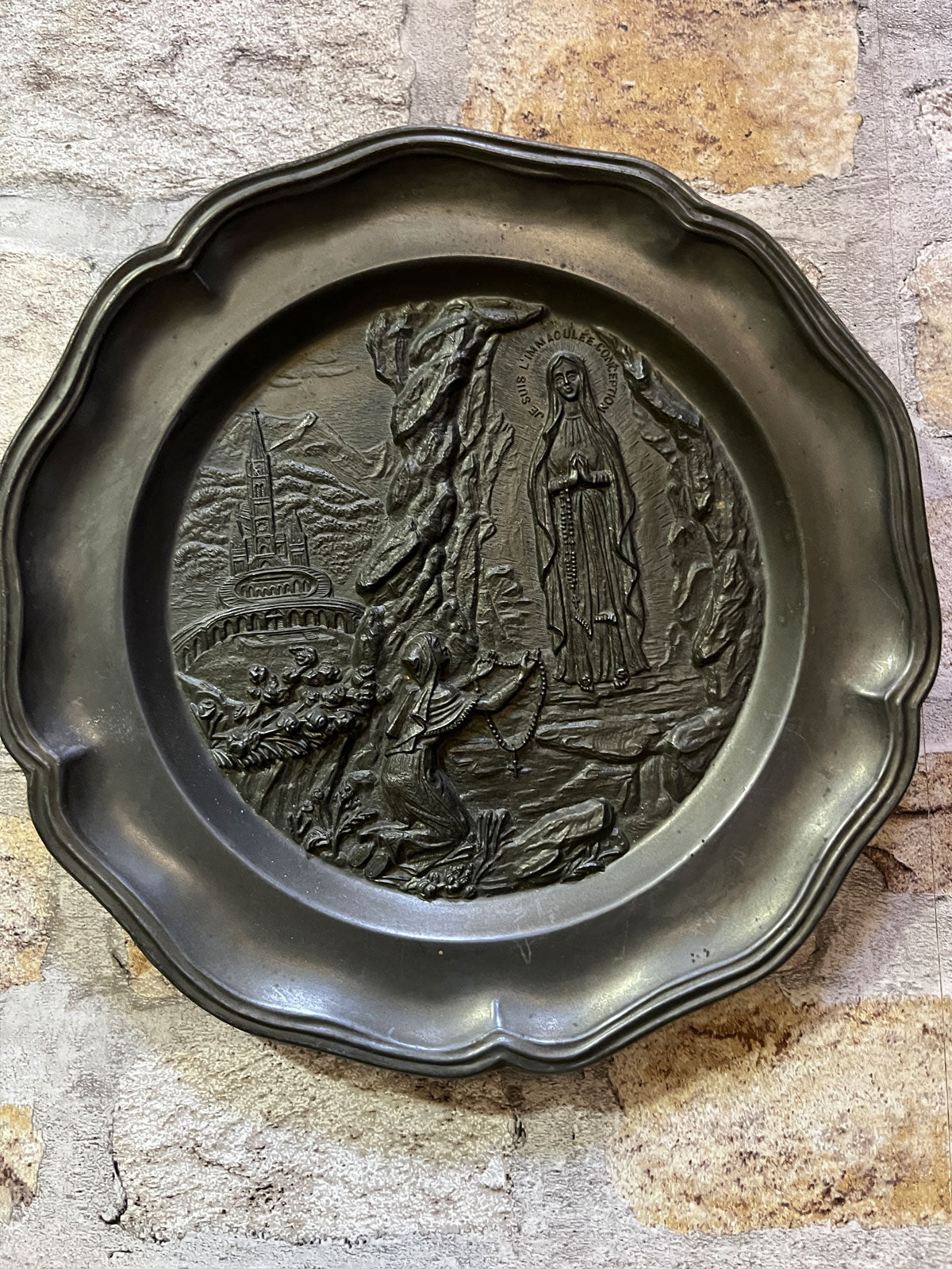 Vintage Religious Pewter Round Plaque Lourdes