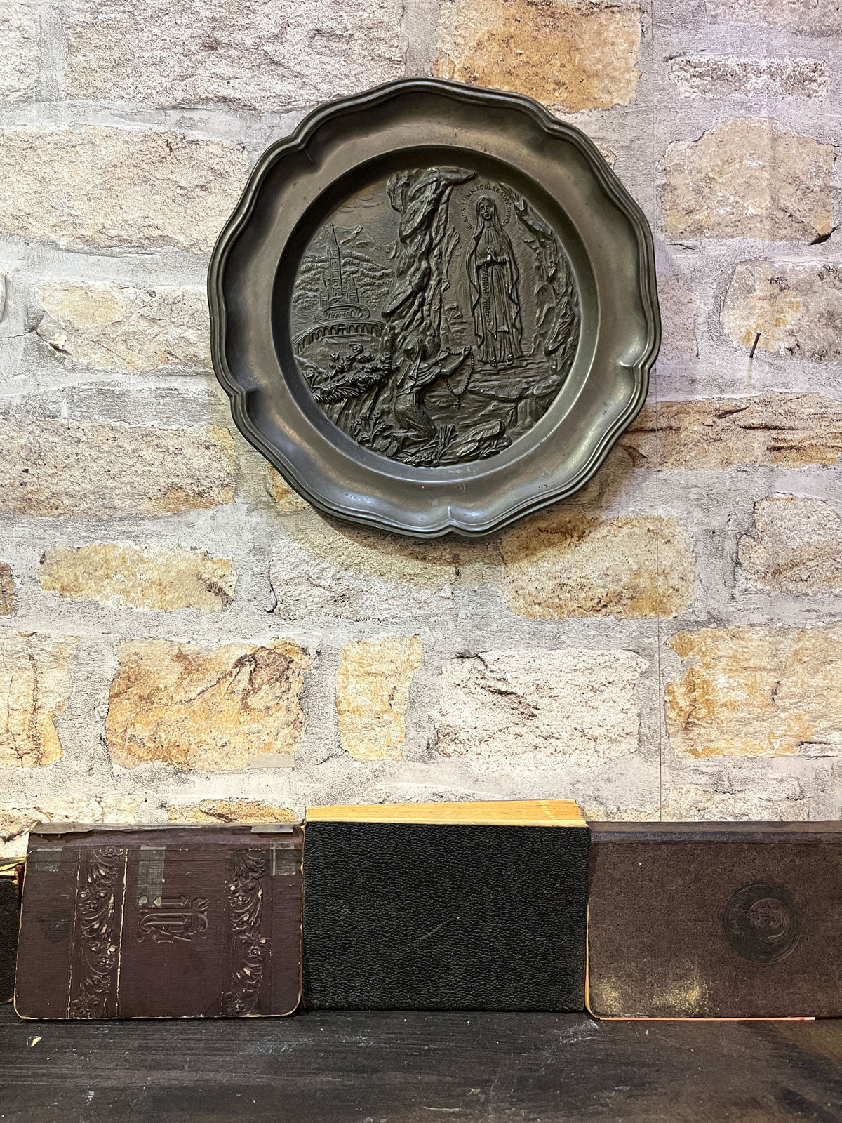 Vintage Religious Pewter Round Plaque Lourdes