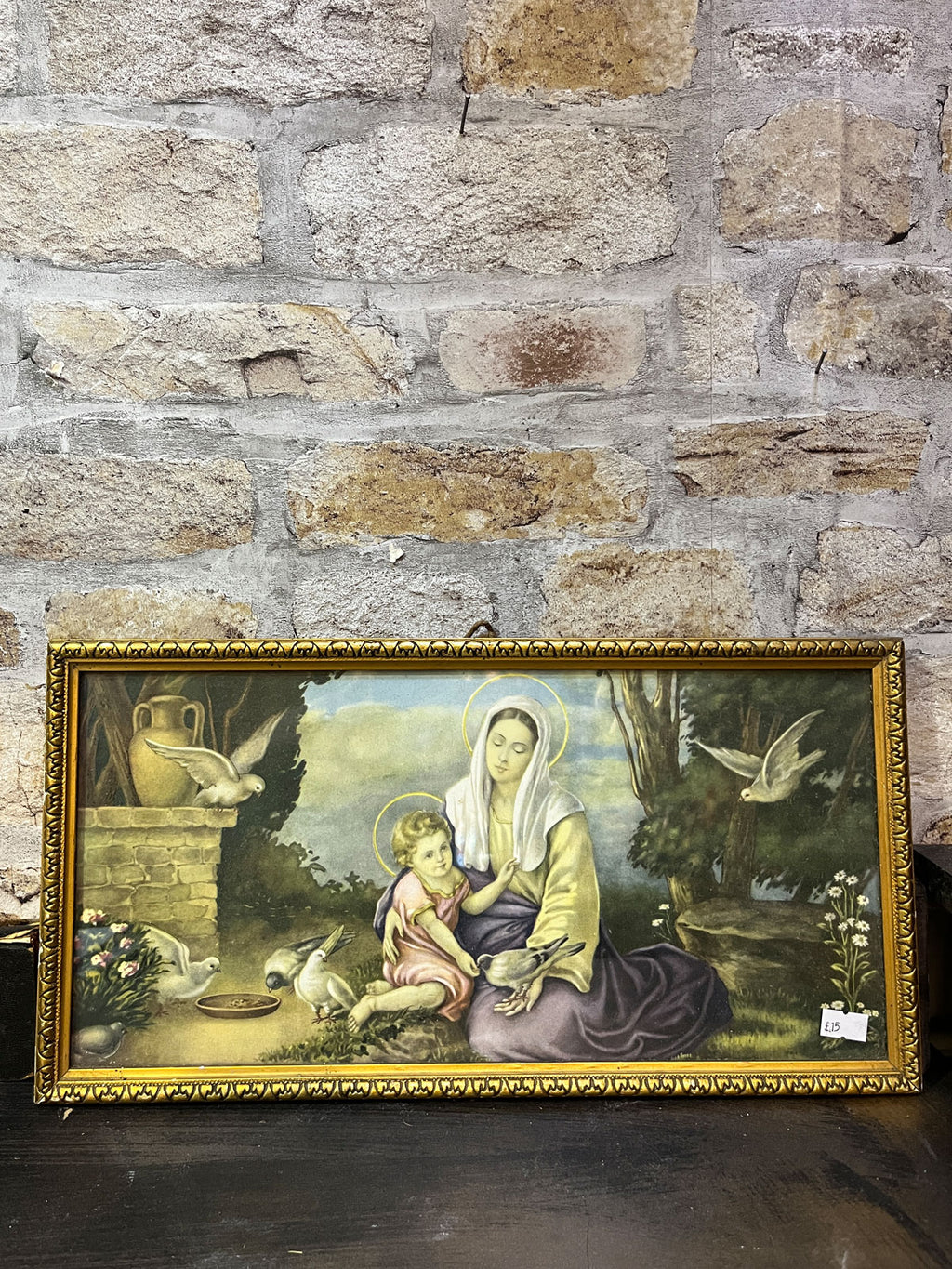 Vintage Religious Framed Mary and Child with Birds Picture