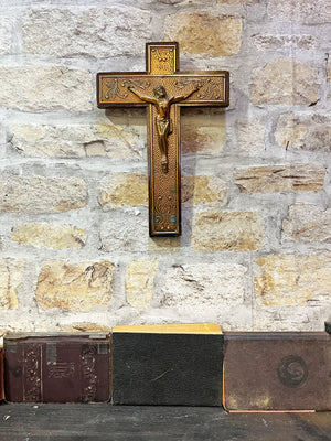 Vintage Religious Wall Cross Wooden and Metal Crucifix