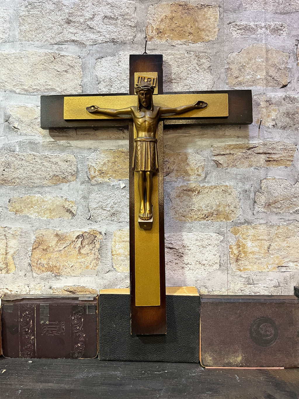 Vintage Religious Wall Cross Wooden and Metal INRI